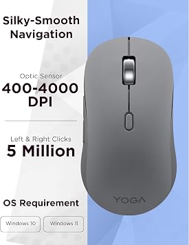 Lenovo Yoga Bluetooth Silent Mouse, 3 Level DPI Adjustment, 36 Month Battery Life, Bluetooth 5.3, 3 Device Paring, Whisper Quiet, Programmable Buttons, Smooth Finish, Luna Grey