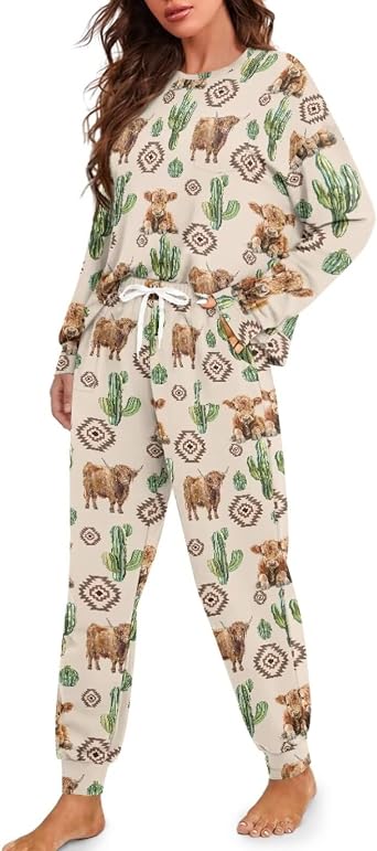 Womens 2 Piece Printed Pajama Set Long Sleeve Sleepwear Set with Long Pants Casual Lounge Sets with Pocket