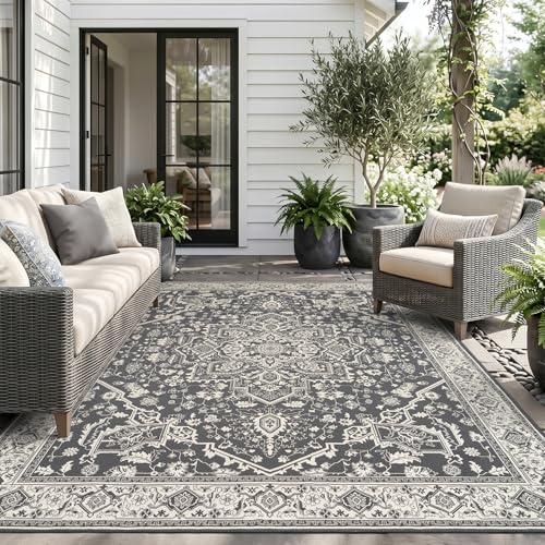 AMOAMI-Outdoor Rug-Patio Rug 9x12 ft Quick Dry Flatweave Textured Machine Washable Outdoor Carpet with Rubber Backing Vintage Outdoor Area Rug for Patio Deck Front Porch Balcony Greyish Blac