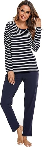 Miniatura 3 de Pijamas de algodón para mujer, ropa de dormir de manga larga con pantalones, suave y cómoda a rayas, conjunto de pijama para mujer