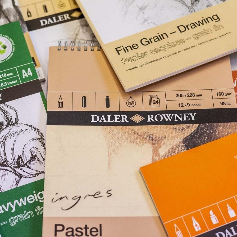 Daler-Rowney Fine Grain Lightly Textured Heavyweight 200 GSM A3 Drawing Paper Pad, Glued 1 Side, Acid-Free, 30 White Sheets, Ideal for Professional Artists