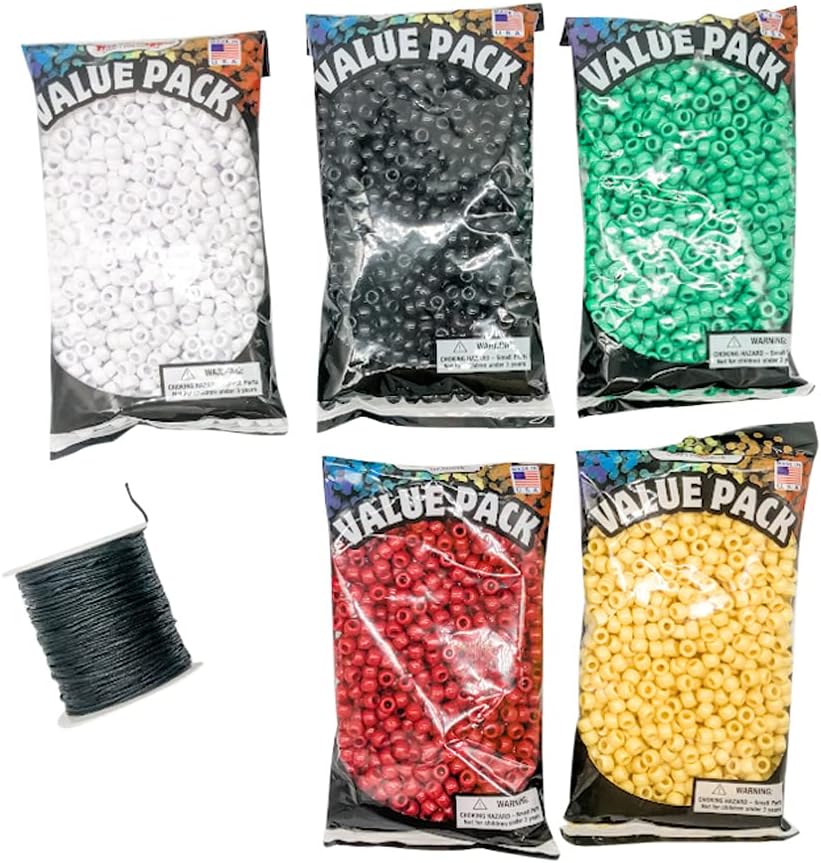 Wordless Bracelet Plan of Salvation Teaching Kit 4,500 PCS- Black, White, Red, Green, Yellow Plastic Beads-5 Pack- 9mm Opaque 900 Count Each- 100 Yards Waxed Cotton Thread Cord