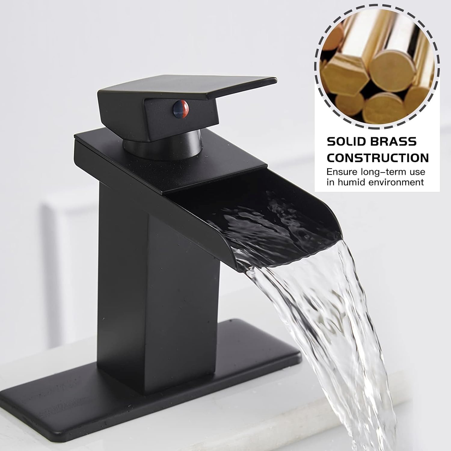 Homevacious Black Bathroom Faucet Waterfall Single Hole Bathroom Faucet with Pop Up Drain Assembly and Deck Plate Modern Single Handle Vanity Faucets Basin Lavatory RV Mixer Tap Commercial