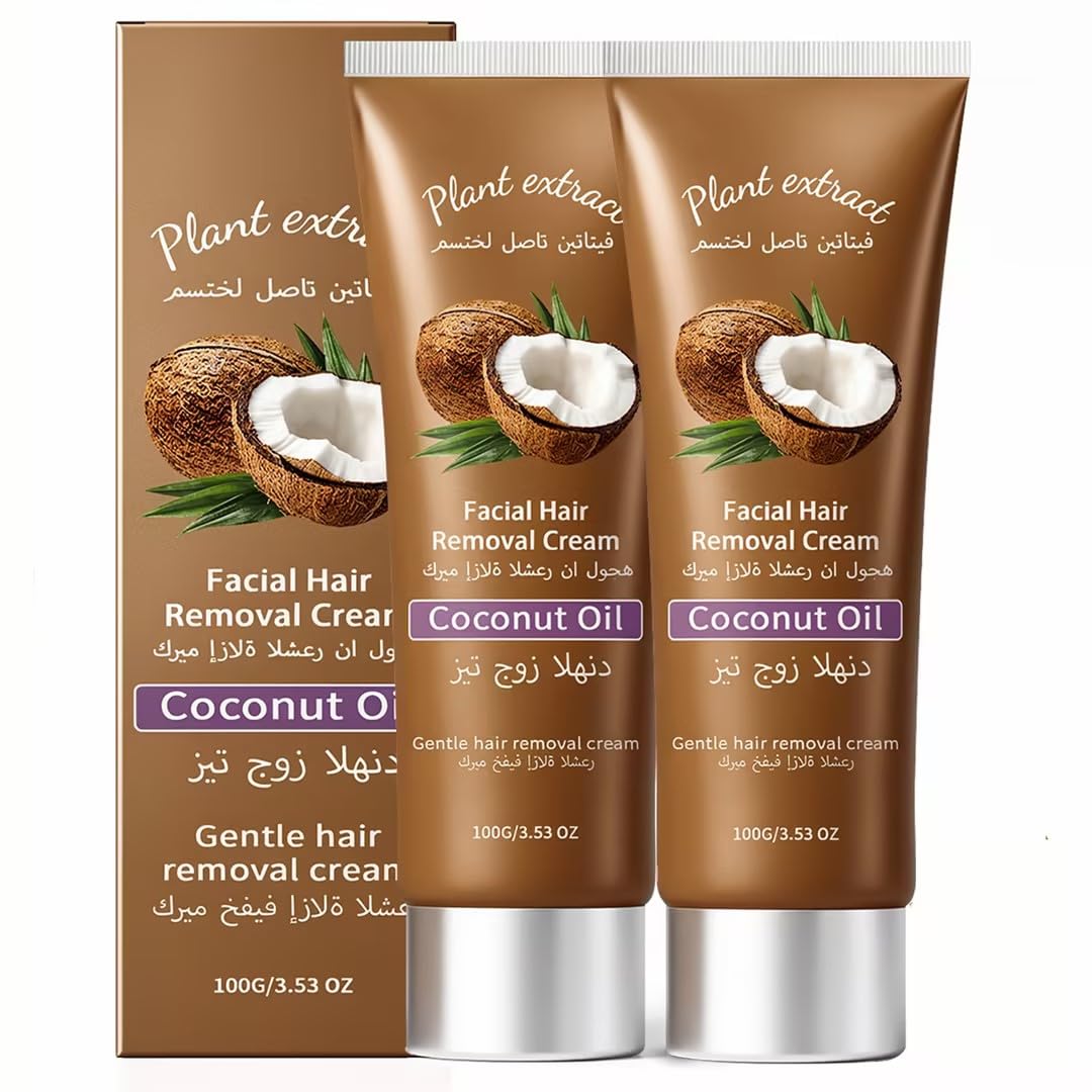 Facial Hair Removal Cream with Coconut Oil,Painless Gentle Hair Removal Cream for Women and Men,Suitable for Upper and Lower Lips,Cheeks,and Underarms; Suitable for Sensitive Skin,3.527oz (1pcs)