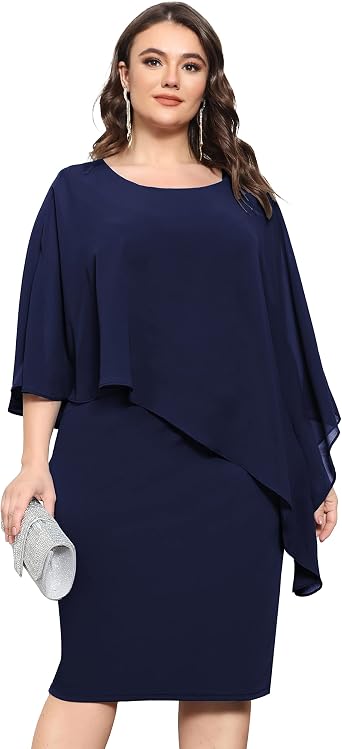 KIMCURVY Plus Size Cape Dress for Women Pencil Dress with Chiffon Overlay Wedding Cocktail Party Midi Dress