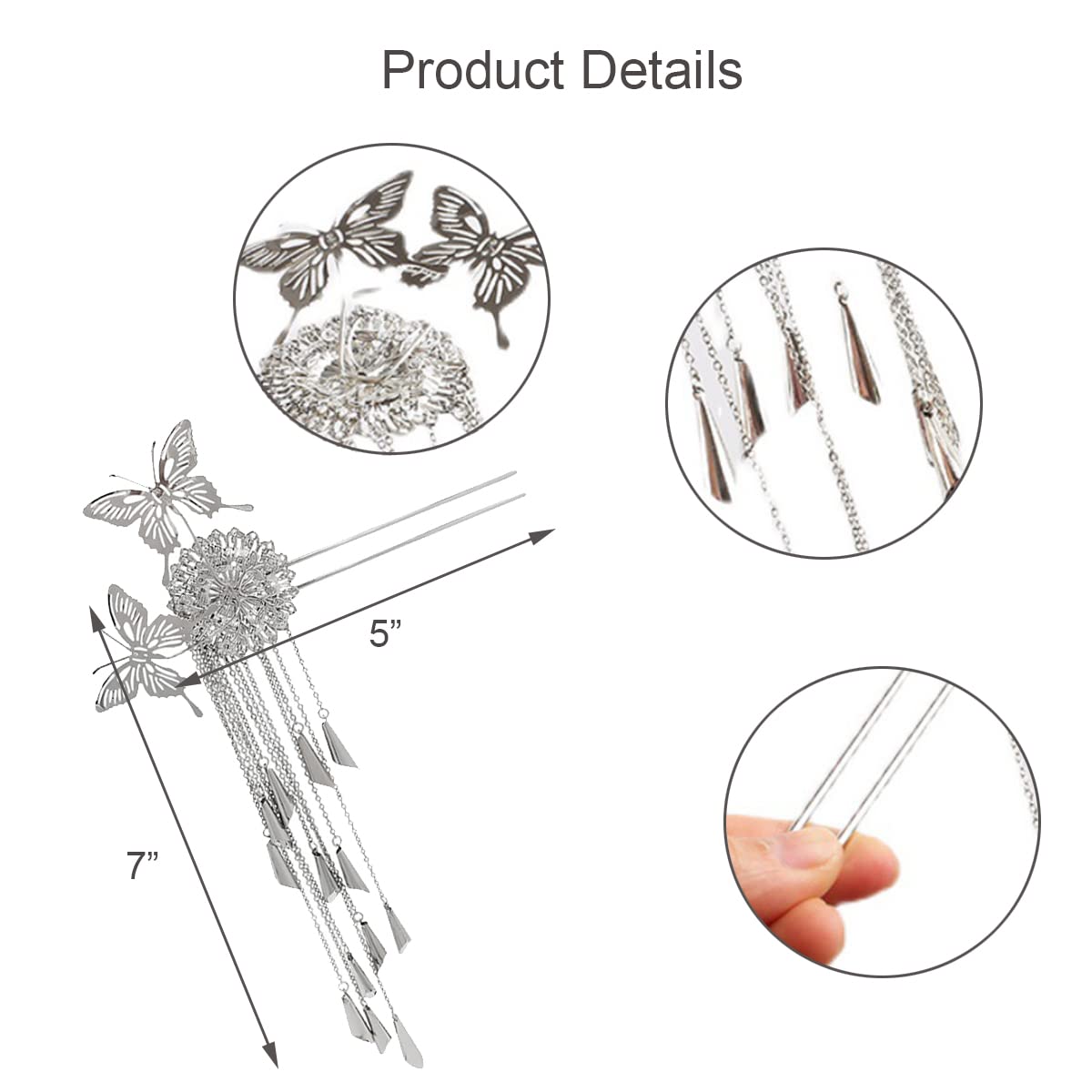 baguette pour cheveux, Épingle à cheveux papillon antique en forme de U, baguettes à cheveux, épingles à cheveux de fixation de chignon, bâtons de cheveux à pompon papillon en métal, accessoires de pi