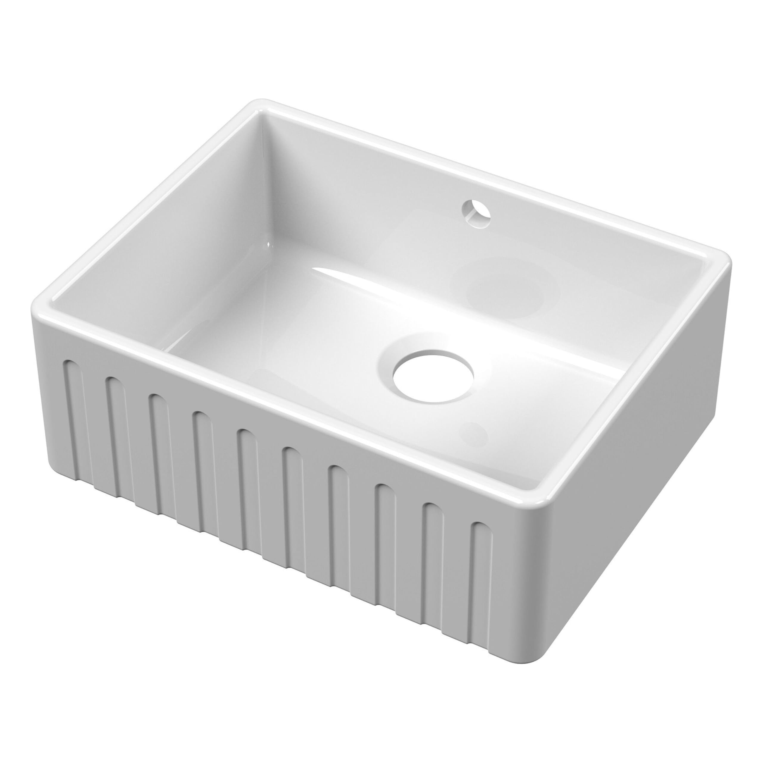 Balterley White 595Mm Butler Kitchen Sink, Fluted Front Single Bowl With Overflow Hole, Durable Butler Fireclay Ceramic Kitchen Sink Bowl, Apron Front Farmhouse Sinks - 595 X 450 X 220Mm (White)