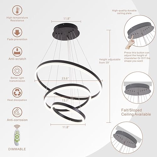 Miniatura 8 de Candelabro LED moderno, lámpara colgante de 3 anillos negra, lámpara colgante regulable y moderna para comedor, iluminación colgante LED