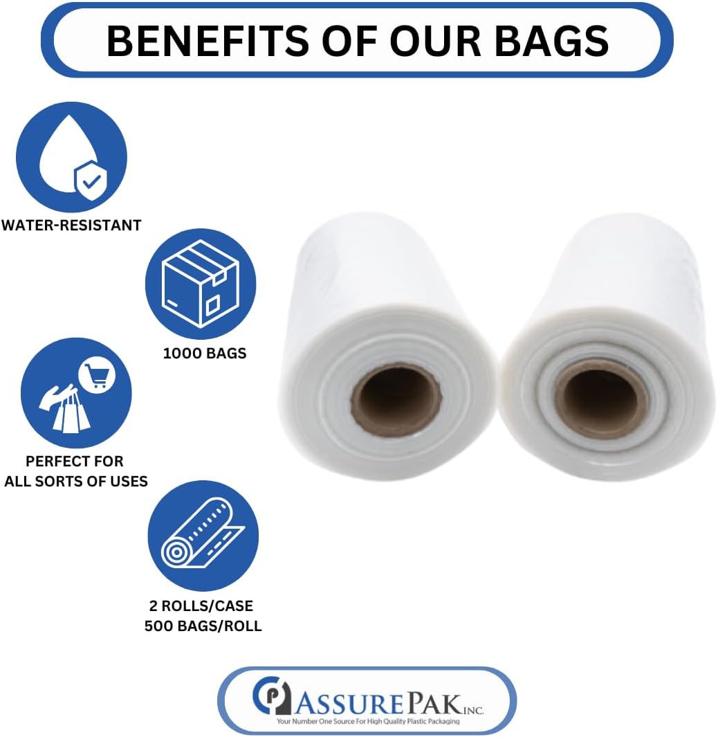 ASSUREPAK LDPE Clear Poly Bags on a Roll - 1000 Bags - 12"x24" - 1.5 Mil Thickness - Ideal for Food Storage: Meat, Beans, Cookies, Bakery, Grocery Needs, and Small Business Packaging - Natural Color
