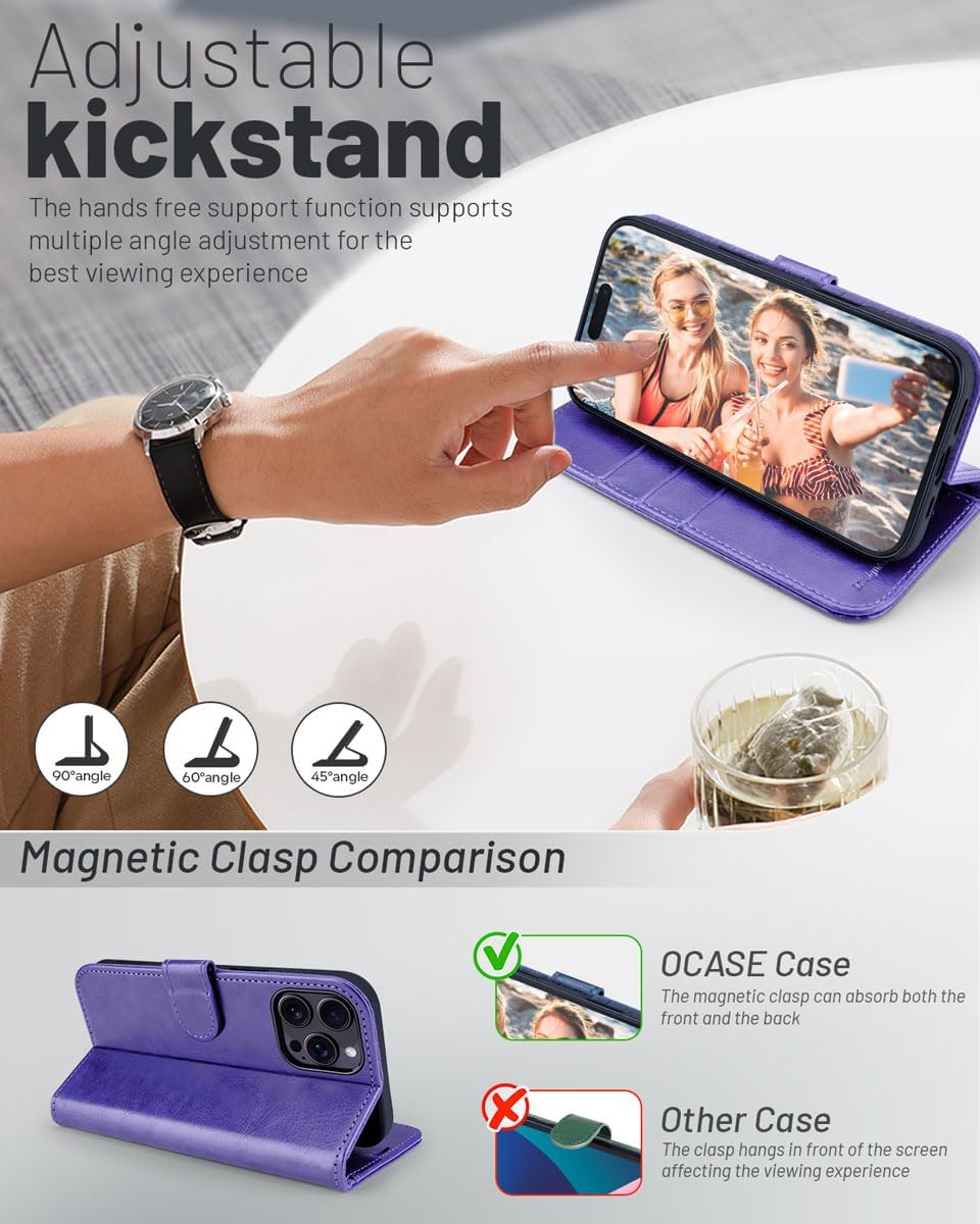 OCASE Compatible with iPhone 16 Pro Wallet Case, PU Leather Flip Folio Case with Card Holders RFID Blocking Kickstand [Shockproof TPU Inner Shell] Phone Cover 6.3 Inch 2024, Purple