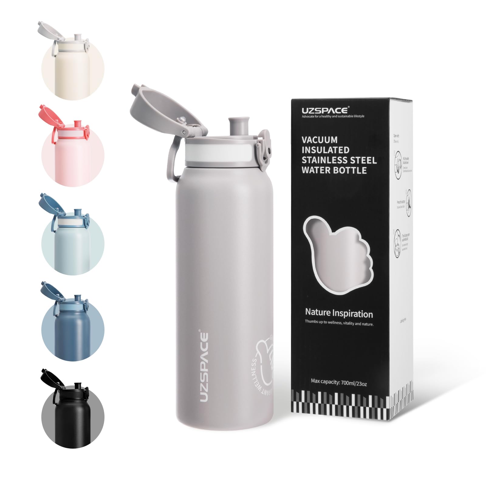 UZSPACE Stainless Steel Water Bottle Kids 700ml with Handle - Double-Walled Insulated Water Bottles That Keep Drinks Cold & Hot - Leakproof Metal Bottle for School or Works & Sports Flint Grey โ image 1
