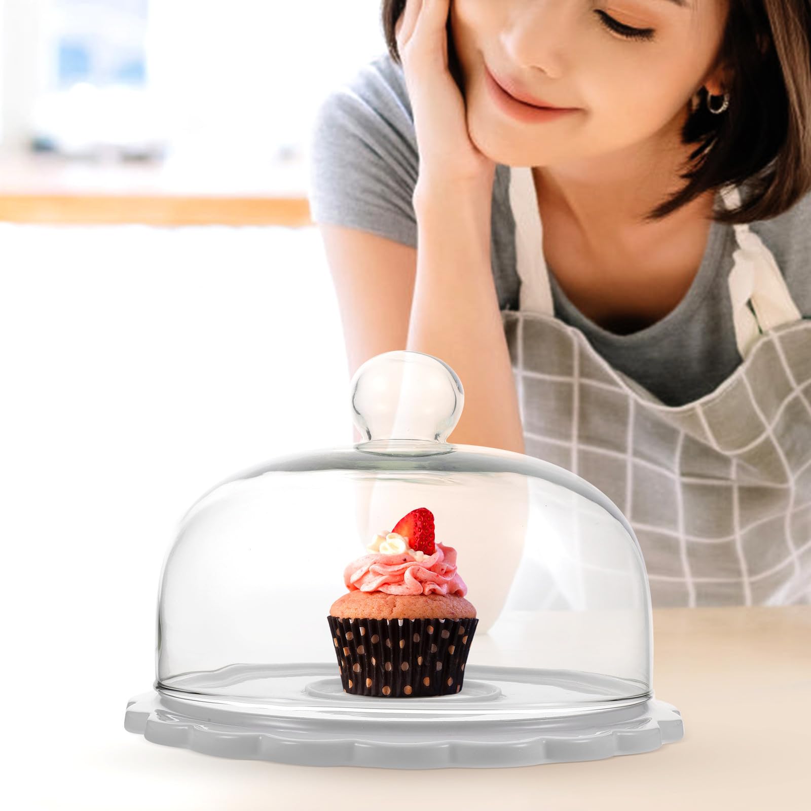 LALAFINA Base Redonda para Pastel con Cúpula de Vidrio y Plato de Cerámica Blanco, Soporte para Tartas con Tapa para Proteger Alimentos en Bodas y Cumpleaños