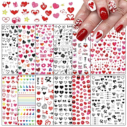 Loveourhome 12 Sheet Valentine Nail Stickers Decals Heart Letter Flower Nails Art Sticker Black Red Fingernails Tattoo Wrap Manicure Decorations #TOP14