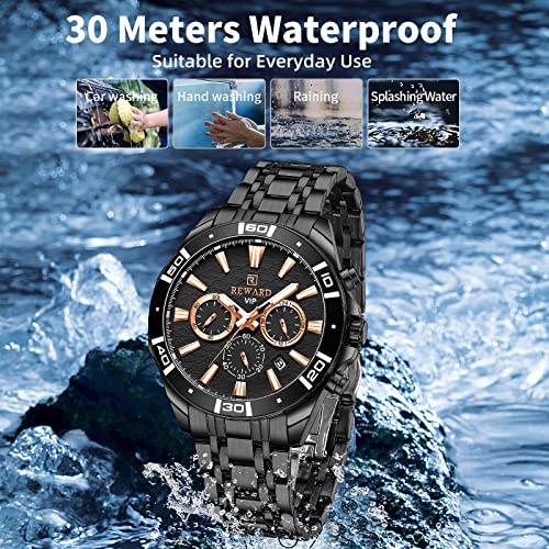 Reward Mens Watches Business Stopwatch Stainless Steel Waterproof Date Analog Quartz Watch Sport Wrist Watches For Man (Black) #TOP5