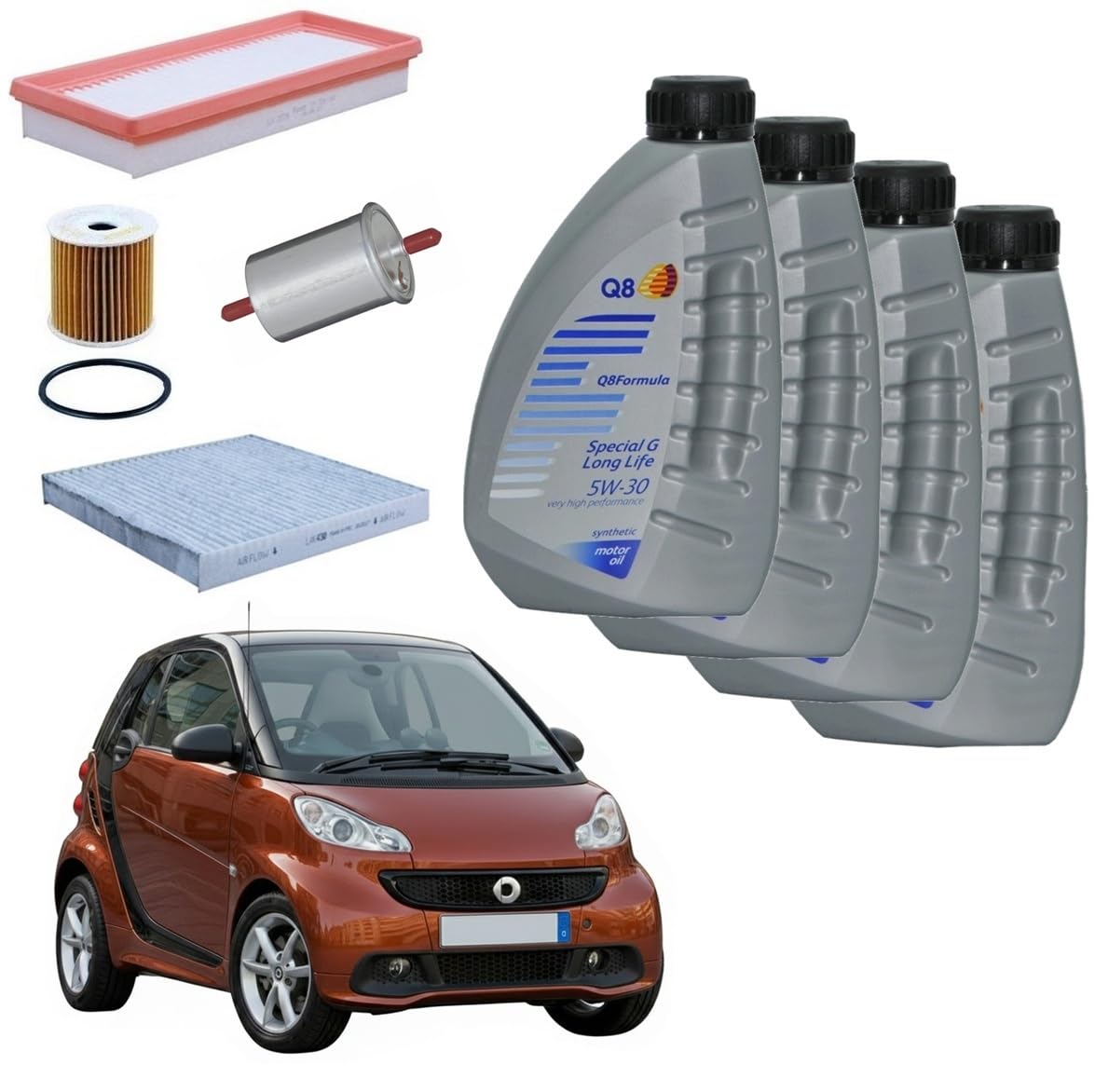 Kit Tagliando Smart 450 e 451 800 CDI Diesel, Filtri Aria Olio Gasolio Abitacolo e 4 Litri di Olio Motore Q8 5w30 | Kit Filtri e Olio Motore
