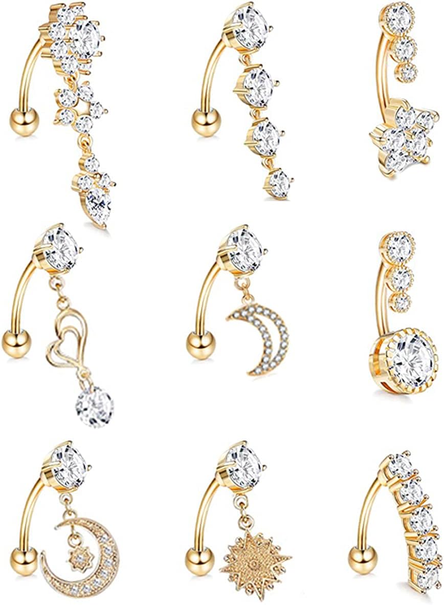 9Pcs 14G Stainless Steel Dangle Belly Rings for Women Reverse Navel Rings Curved Barbell Body Piercing Jewelry