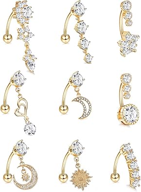 9Pcs 14G Stainless Steel Dangle Belly Rings for Women Reverse Navel Rings Curved Barbell Body Piercing Jewelry