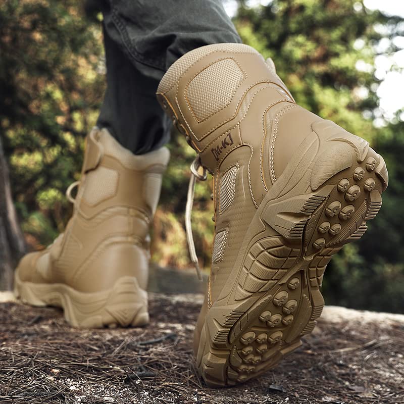 Image of Men's Military Tactical Work Boots Side Zipper Leather Motorcycle Combat Boots Desert Combat Men Outdoor Boots for Hiking Climbing