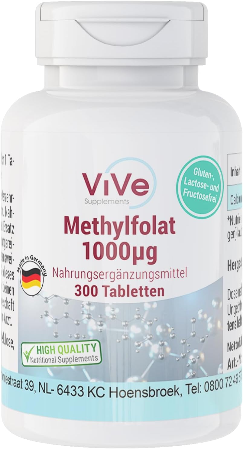 Methylfolate 1000 g - 300 Tablets - Easy to Swallow - Calcium L-Methylfolate - High Dose - Biologically Active Form of Folic Acid - Quality from Germany - ViVe Supplements