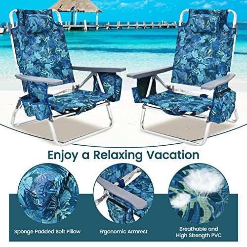 Image of Tangkula Set of 4 Backpack Beach Chair, 5-Position Lay Flat Beach Chairs with Cooler Bag, 2 Cup Holders, Towel Bar, Lightweight Low Folding Beach Chair with Backpack Straps, Navy