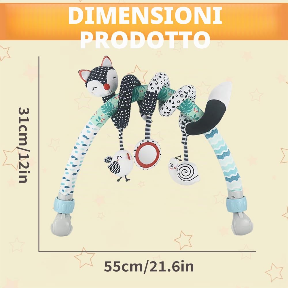 caterbee Giocattolo Spirale per Culla e Passeggino, Arco attività per Neonati con Pupazzo Volpe, Bianco e Nero (CT02)