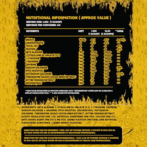 Image of Absolute Nutrition SHROOMS Pre Workout Powder (60 Servings, 500g) | With Beta Alanine, L-Citrulline DL-Malate 2:1, Cocoa Bean Extract & Bitter Orange | (Green Mango)