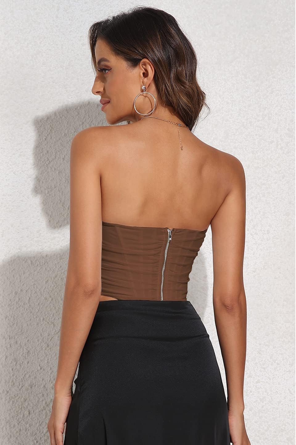 Women's Vintage Strapless Open Back Boned Mesh Bustier Zip Back Corset Bodyshaper Crop Top - Image 3