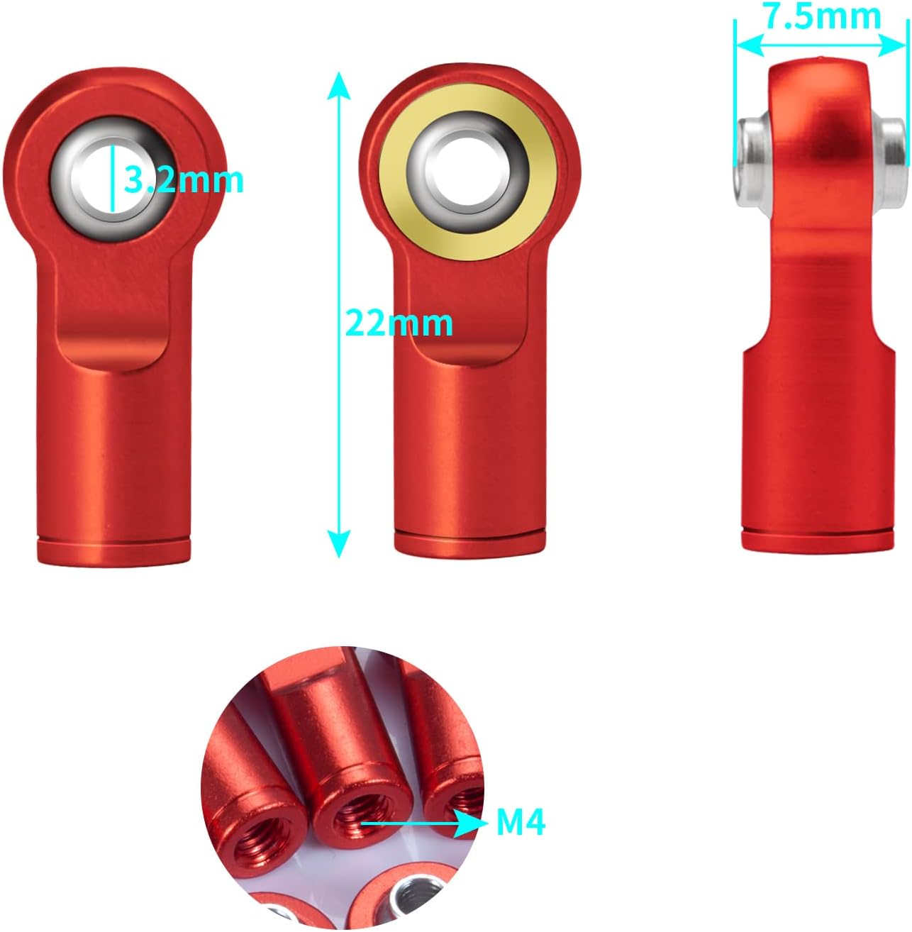 QUE-T 10Pcs Metal Left-Hand Thread Link Rod End M4 Ball Joint Head for RC Crawler Car Boat (Red)