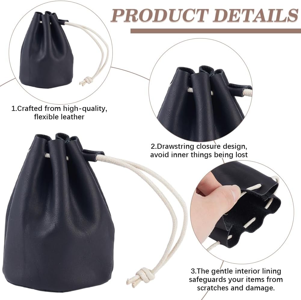 Beebeecraft Drawstring Leather Pouch 4x3.5 Inch Small Black Genuine Cowhide Leather Coin Pouch Bag Vintage for Storage Earphone Jewelry Retro Medieval Costume