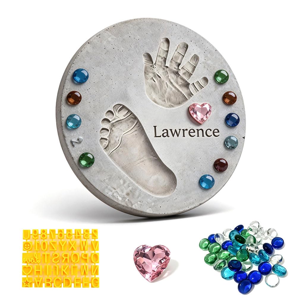 Handprint Stepping Stone DIY Kit - Reusable 13.6in Round Concrete Molds+ 26 A-Z + 0-9 Stamps+ Mosaics & Crystal Heart for Hand/Foot Print, Footprint Craft Witness of Special Time/None Cement