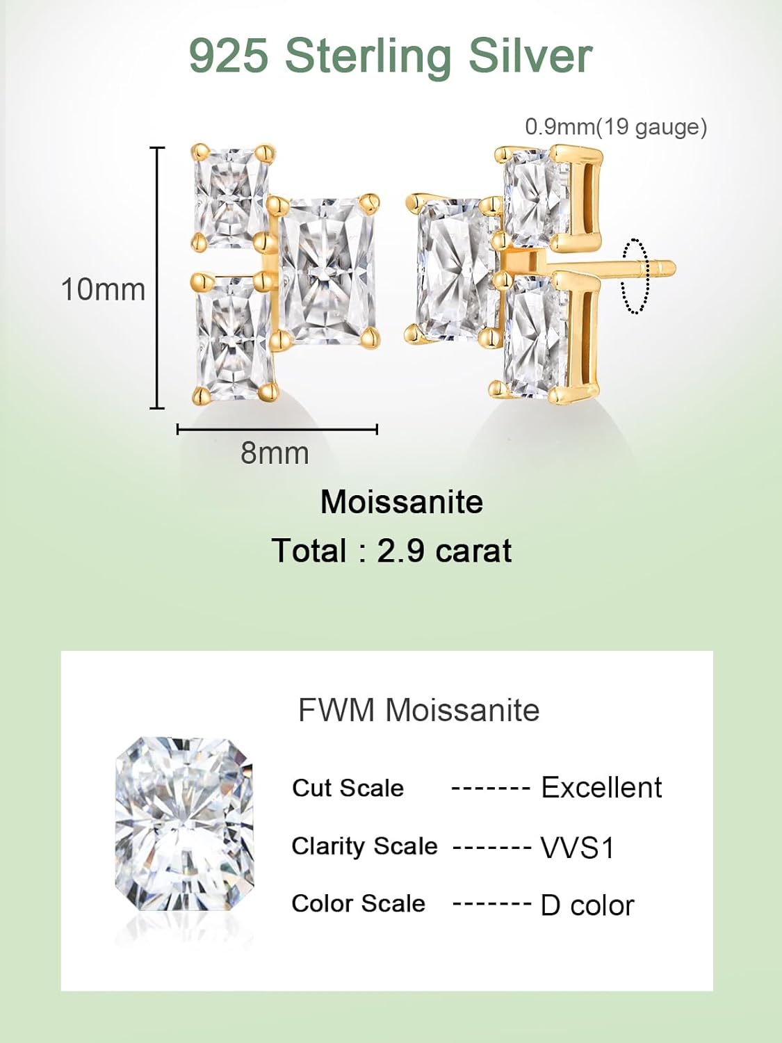 FWM Three Stone Moissanite Novelty Stud Earrings for Women, Solid 925 Sterling Silver with Gold Plated, Anniversary Mother's Day Valentines Christmas Ideal Gift for Her - Image 6