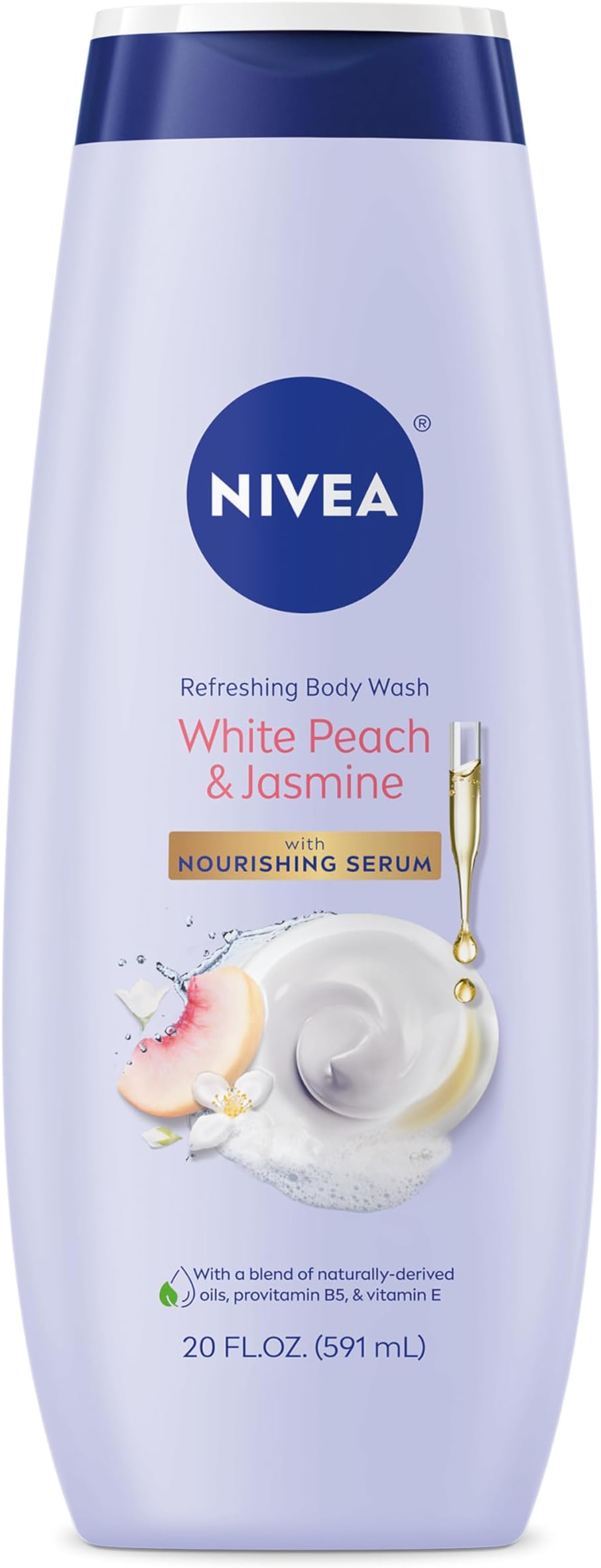 NIVEA Refreshing White Peach and Jasmine Body Wash with Nourishing Serum, Scented Body Wash for Women, Enriched with Provitamin B5 and Vitamin E, 20 Fl Oz Bottle