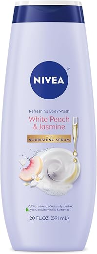 NIVEA Refreshing White Peach and Jasmine Body Wash with Nourishing Serum, Scented Body Wash for Women, Enriched with Provitamin B5 and Vitamin E, 20 Fl Oz Bottle