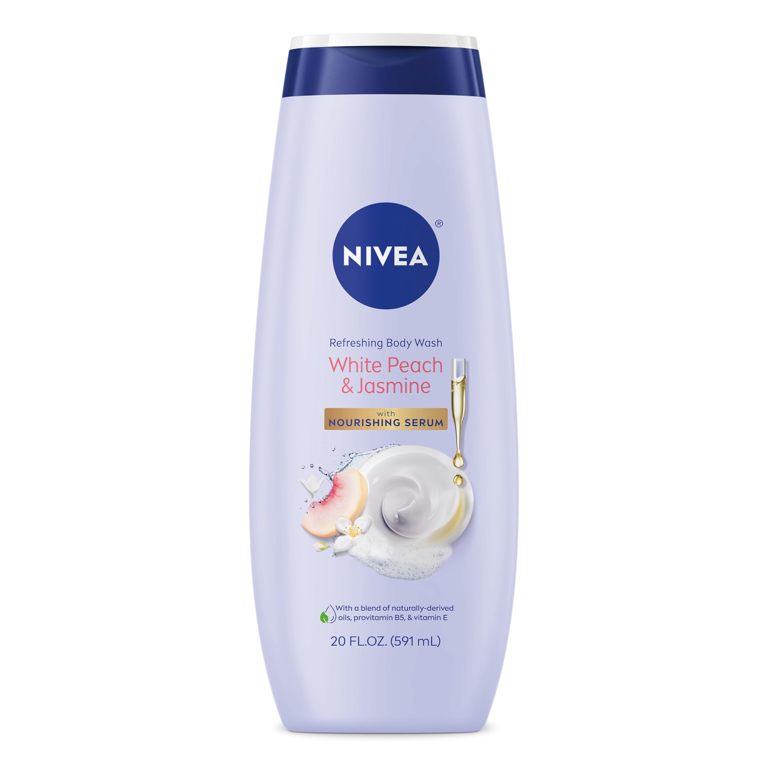 NIVEA Refreshing White Peach and Jasmine Body Wash with Nourishing Serum, Scented Body Wash for Women, Enriched with Provitamin B5 and Vitamin E, 20 Fl Oz Bottle