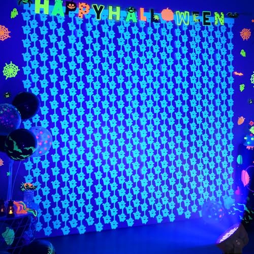 Menstarsi Neon Halloween Party Decorations, 2 Pack Glow in The Dark Party Supplies 3.3 x 6.6 ft Fluorescent Blue Ghost Curtains, Photo Booth Prop Backdrop Streamer, Halloween Birthday Party Decor