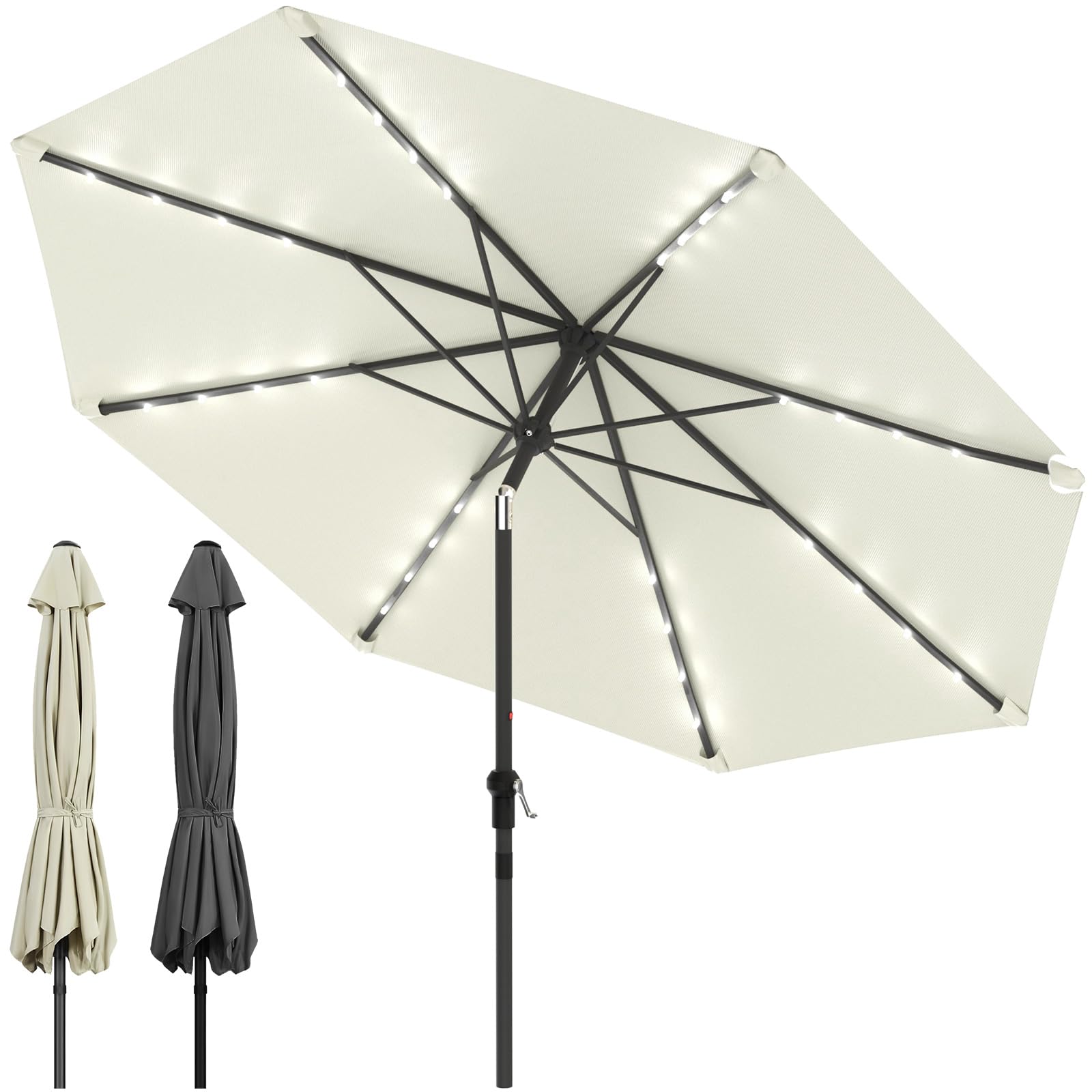 Huracan Sonnenschirm mit LED solar Ø300cm, Gartenschirm ohne Ständer, Balkonschirm Strandschirm UV-Schutz Polyester Wasserabweisend und Schmutzabweisend, Groß Marktschirm für Balkon Terrasse, Creme