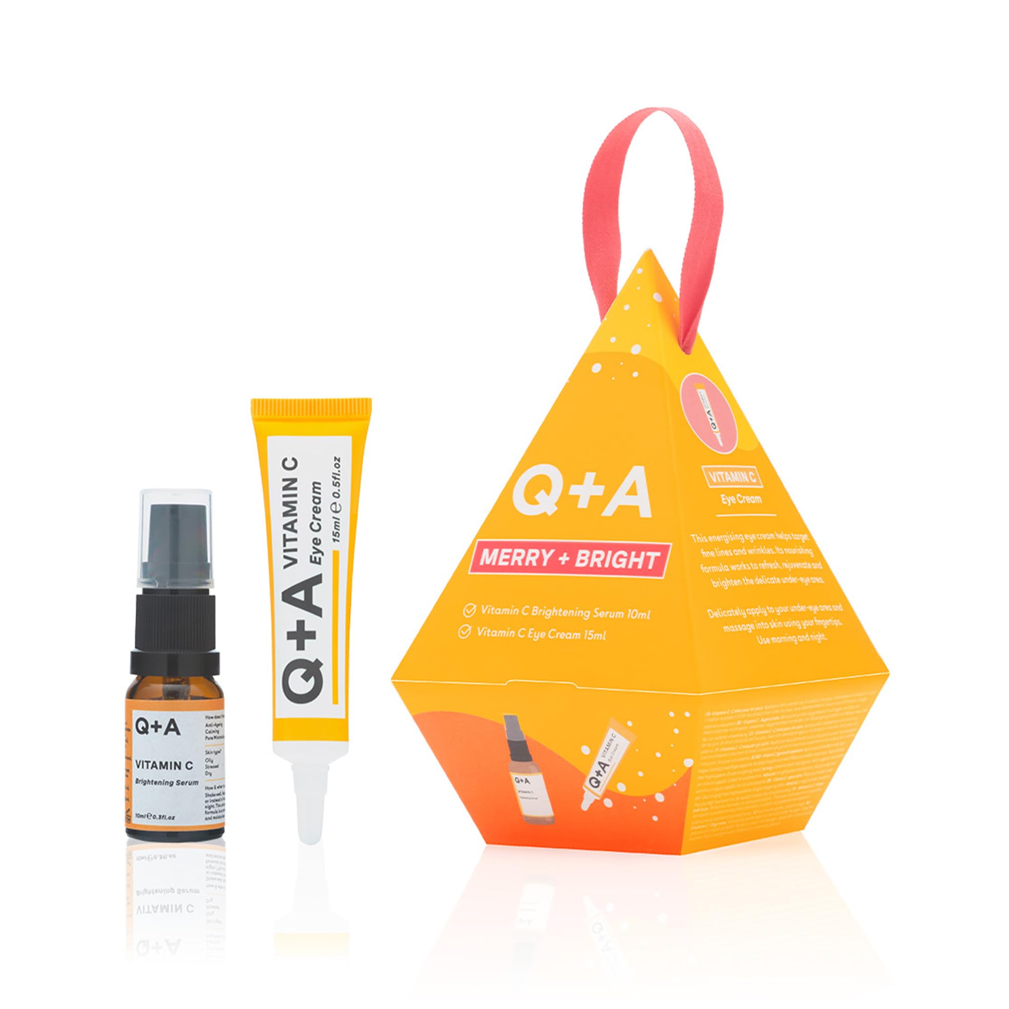 Q+A Merry + Bright zestaw upominkowy, witamina C Skincare Duo, serum rozjaśniające (10 ml) i krem pod oczy (15 ml), wzmacniający blask prezent dla nawilżonej, świecącej skóry, wypełniacze pończoch