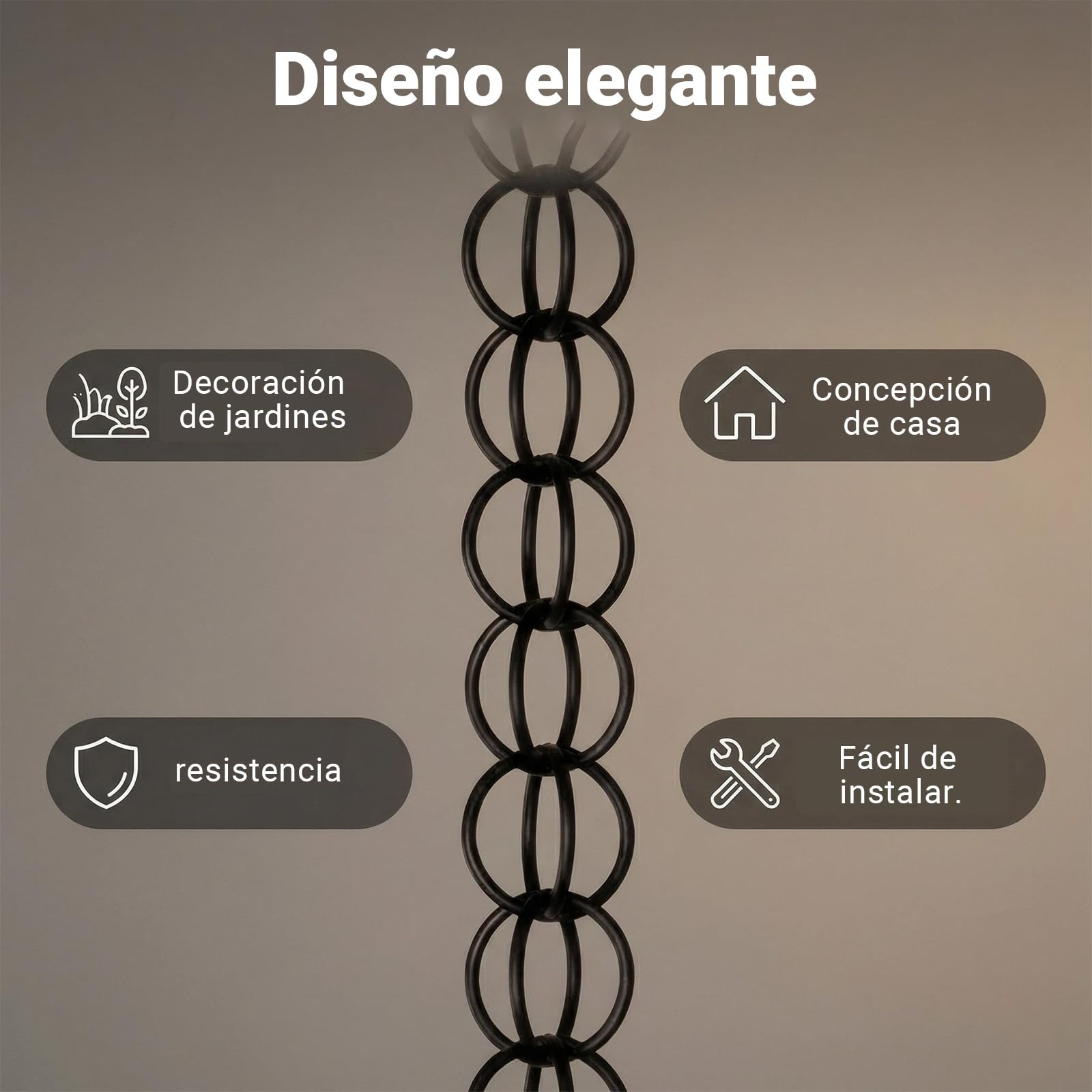Colector de Lluvia Metálico con Cadena Guía, Función Decorativa y de Drenaje para Balcón y Patio, Reemplazo para Bajantes de Techo 6m(19.7ft)