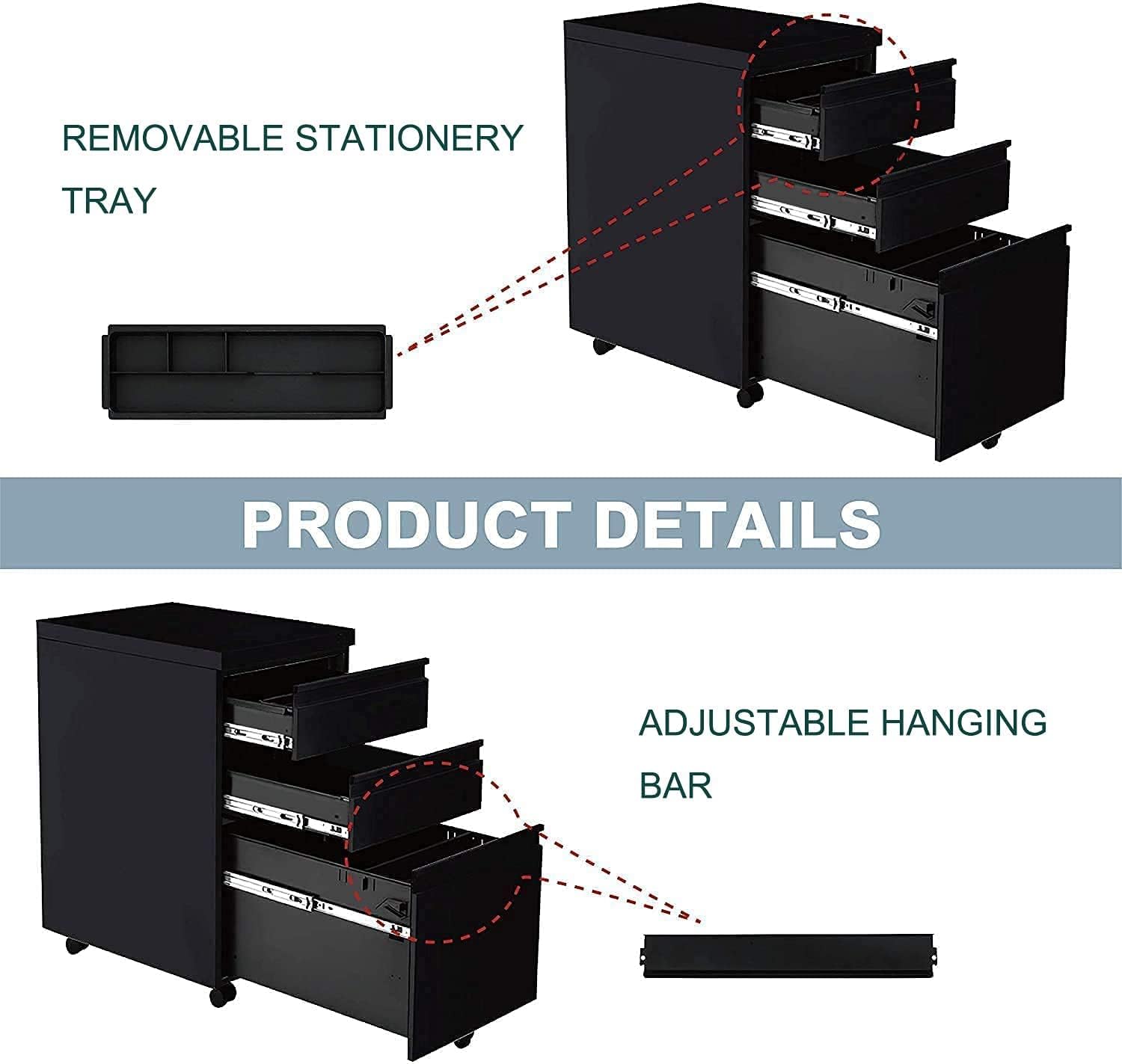 Yiguo 3-Drawer Mobile File Cabinet with Lock, Rolling Office File Cabinet Under Desk, Metal Filing Cabinet with Wheels for Legal Letter A4 File Size (Black)