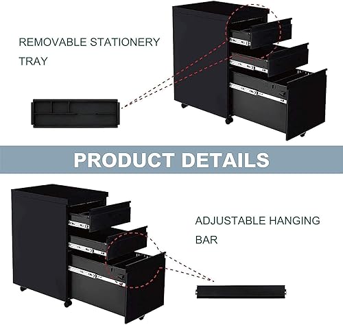 Miniatura 7 de Yiguo - Archivador móvil de 3 cajones con cerradura, archivador de oficina con ruedas debajo del escritorio, archivador de metal con ruedas para