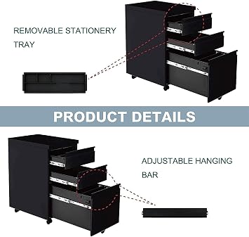 Yiguo 3-Drawer Mobile File Cabinet with Lock, Rolling Office File Cabinet Under Desk, Metal Filing Cabinet with Wheels for Legal Letter A4 File Size (Black)