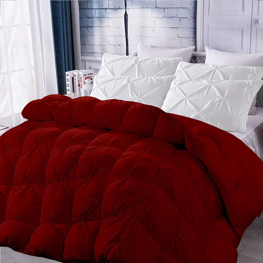 Burgundy All-Season Luxury - Pintuck Style 100% Organic Cotton Twin/Twin XL Size 68" x 92" 3-Piece Pinch Pleat Comforter with 2 Pillow Cases, 500 GSM - Machine Washable
