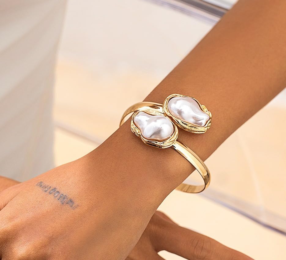 3 Pcs Metal Big Pearl Open Choker Necklace Bracelet Rings for Women Adjustable Gold Baroque Pearl Choker Necklaces Round Necklace Suitable for Party ummer Beach Bead Body Chain Jewelry3