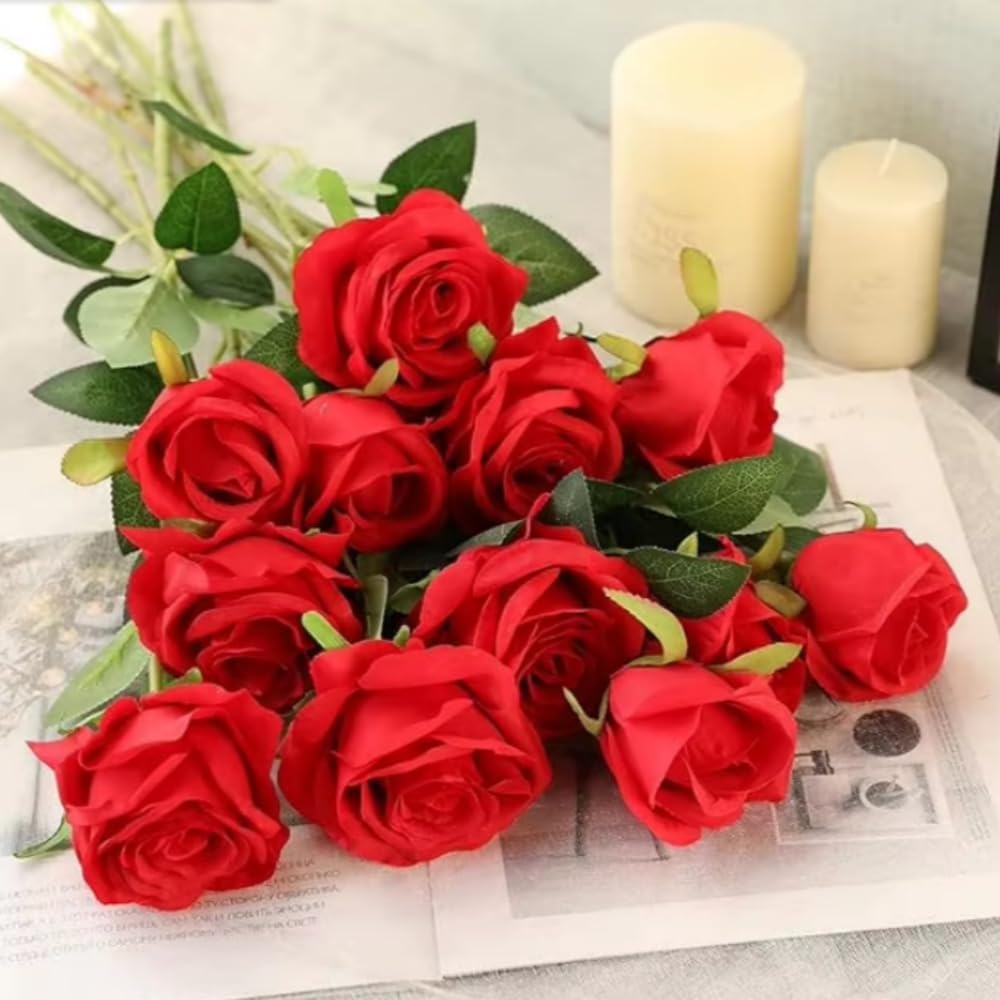 Waibejon 12 Pcs Artificial Roses, Red Fake Roses Artificial Flowers, with Stems Fake Artificials Red Rose Silk Flowers - Image 4
