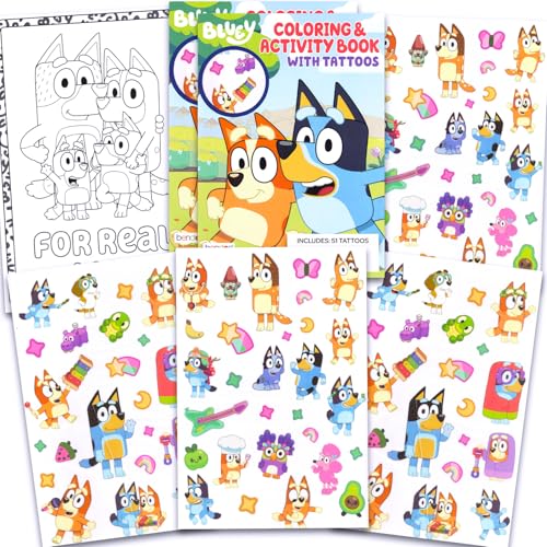 Bluey Tattoos Party Favors Set - 100+ Temporary Tattoos for Kids Boys Girls Featuring Bingo Bandit Chili | Bluey Party Supplies Coloring Book Pack