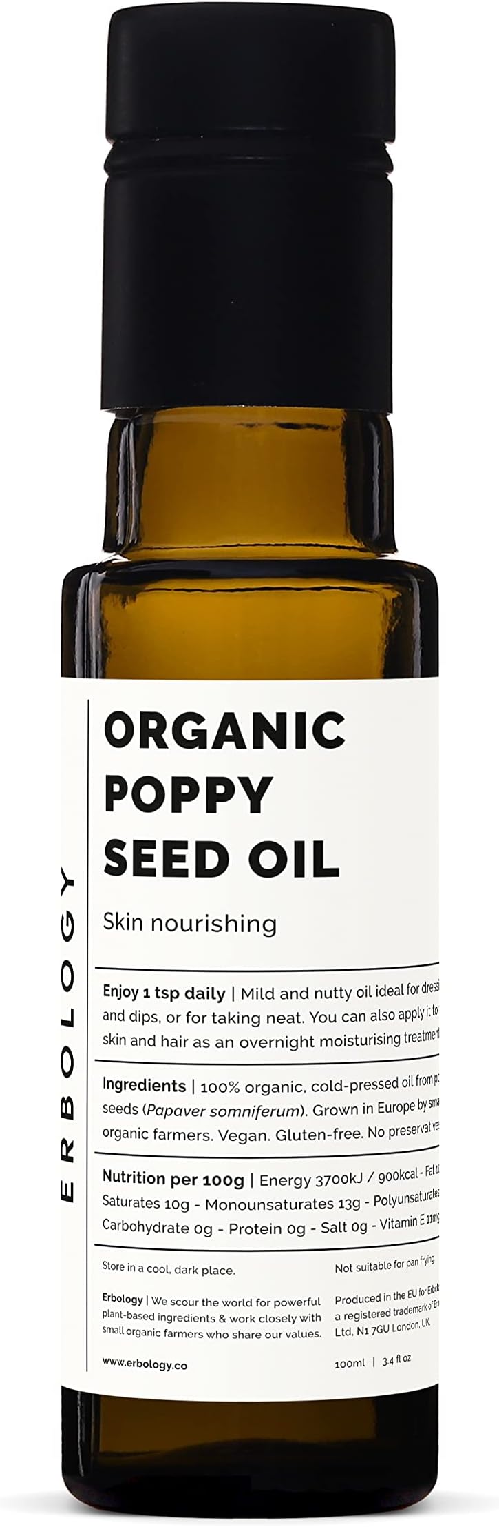 Erbology Organic Poppy Seed Oil 3.4 fl oz - Cold-Pressed - Premium Food Grade - Skin Nourishing - High in Vitamin E - Straight from Farm - Non-GMO - No Additives or Preservatives - Recyclable Glass Bottle