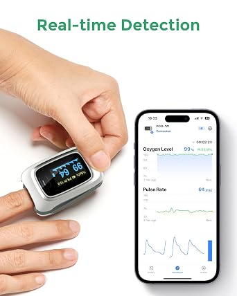 Pulse Oximeter with Offline Storage, Bluetooth Fingertip Blood Oxygen Saturation for SpO2, Pulse rate and PI, Portable Oxygen Monitor with Lanyard and Batteries for Adult & Child