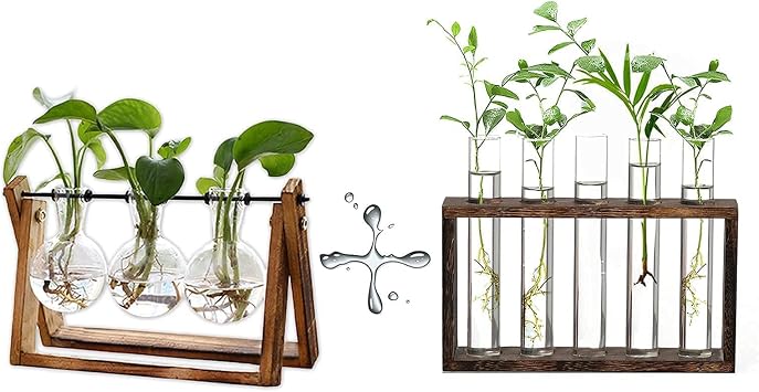 FLOWER Plant Terrarium with Wooden Stand, Air Planter Bulb Glass Vase Metal Swivel Holder Retro Tabletop for Hydroponics Home Garden Office Decoration