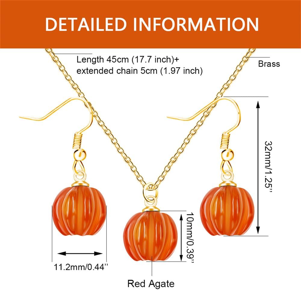 Dainty Pumpkin Dangle Earrings Pendant Necklace Jewelry Set for Women Gold Plated Cute Halloween Thanksgiving Charms Drop Adjustable Link Chain Fall Holiday Festival Dress Accessories - Image 5