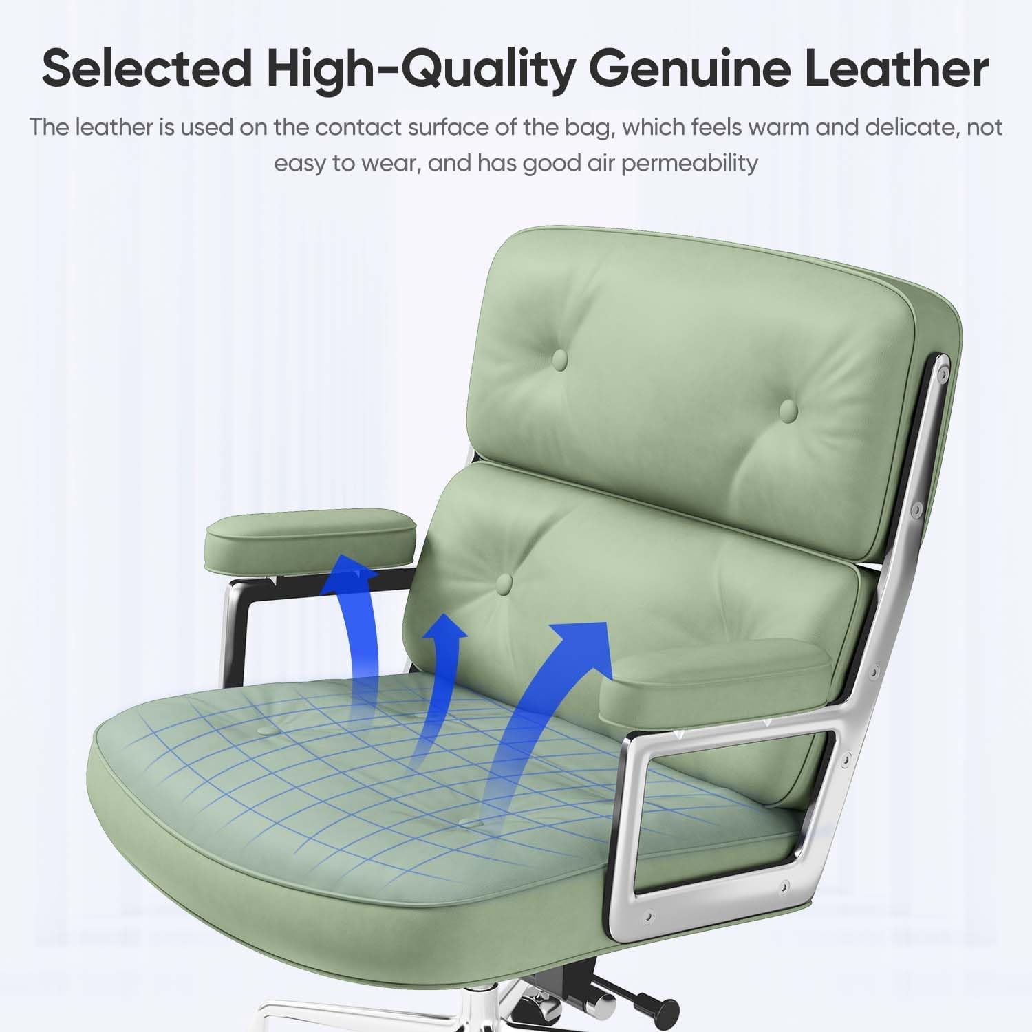 Genuine Leather Office Chair, Mid Back Executive Desk Chairs with Aluminum Arms and Wheels, Swivel Office Leather Chair with Thickened Backrest and Ergonomic Lumbar Support, Light Green